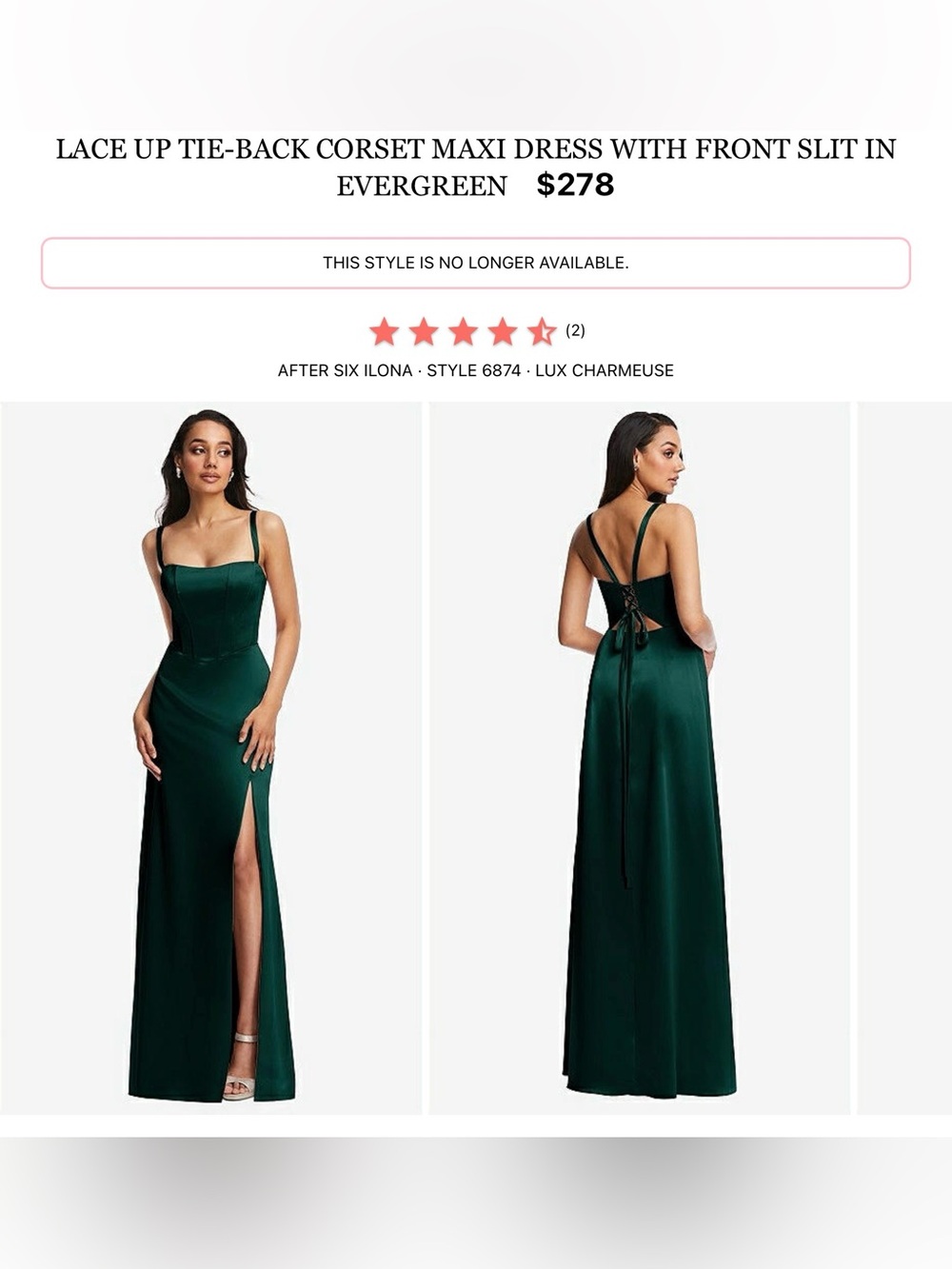 Dessy Collection Evergreen Satin Lace-Up Corset Maxi Dress